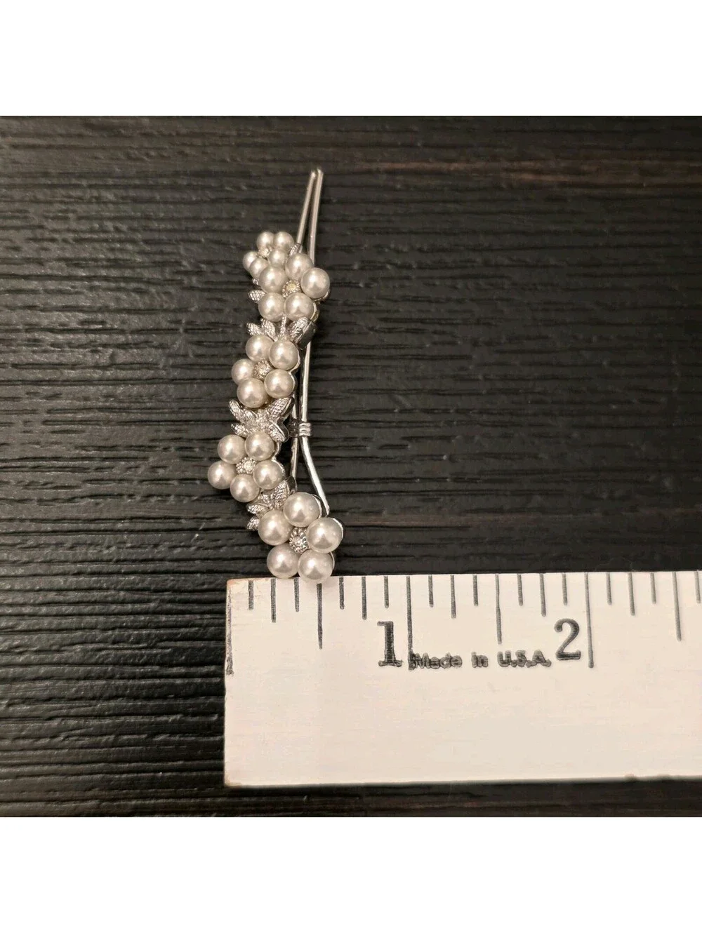Vintage Faux Pearl Rhinestone Floral French Snap Hair Clips Silver Tone Pair EUC